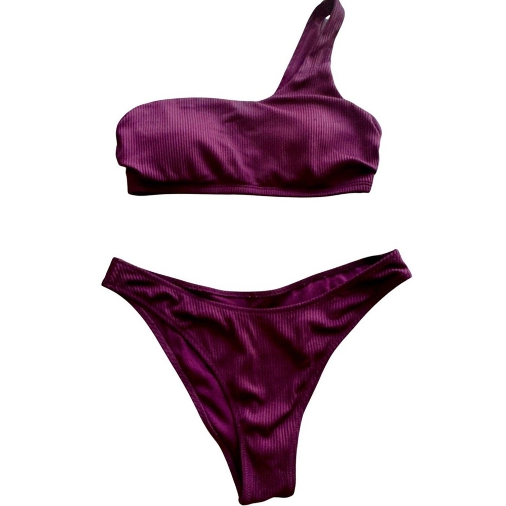 Express One-Shoulder Bikini Set High Cut Bottom Plum Ribbed Size Medium